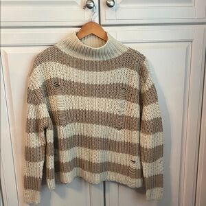 Striped Beige and Cream Ribbed Mock Neck Sweater
